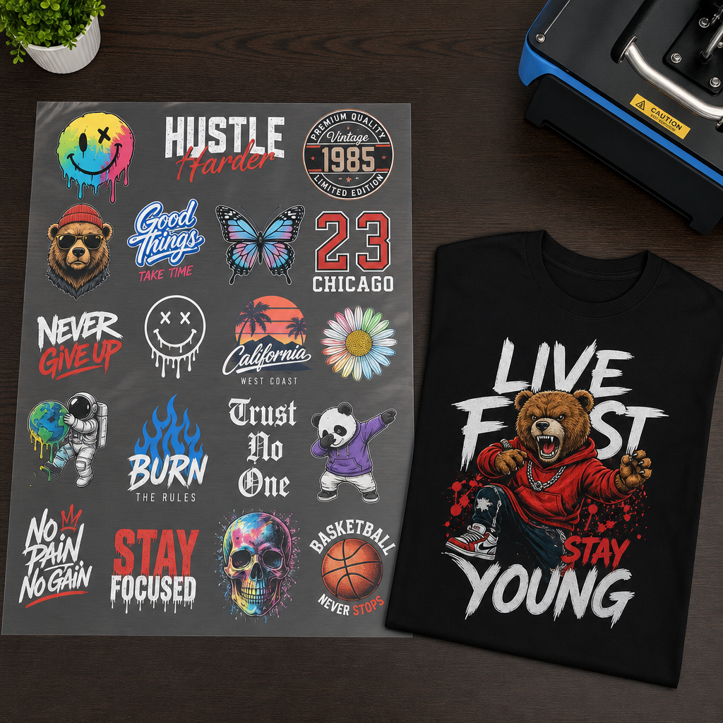 Full-color DTF gang sheet transfers printed in Garden Grove, Orange County